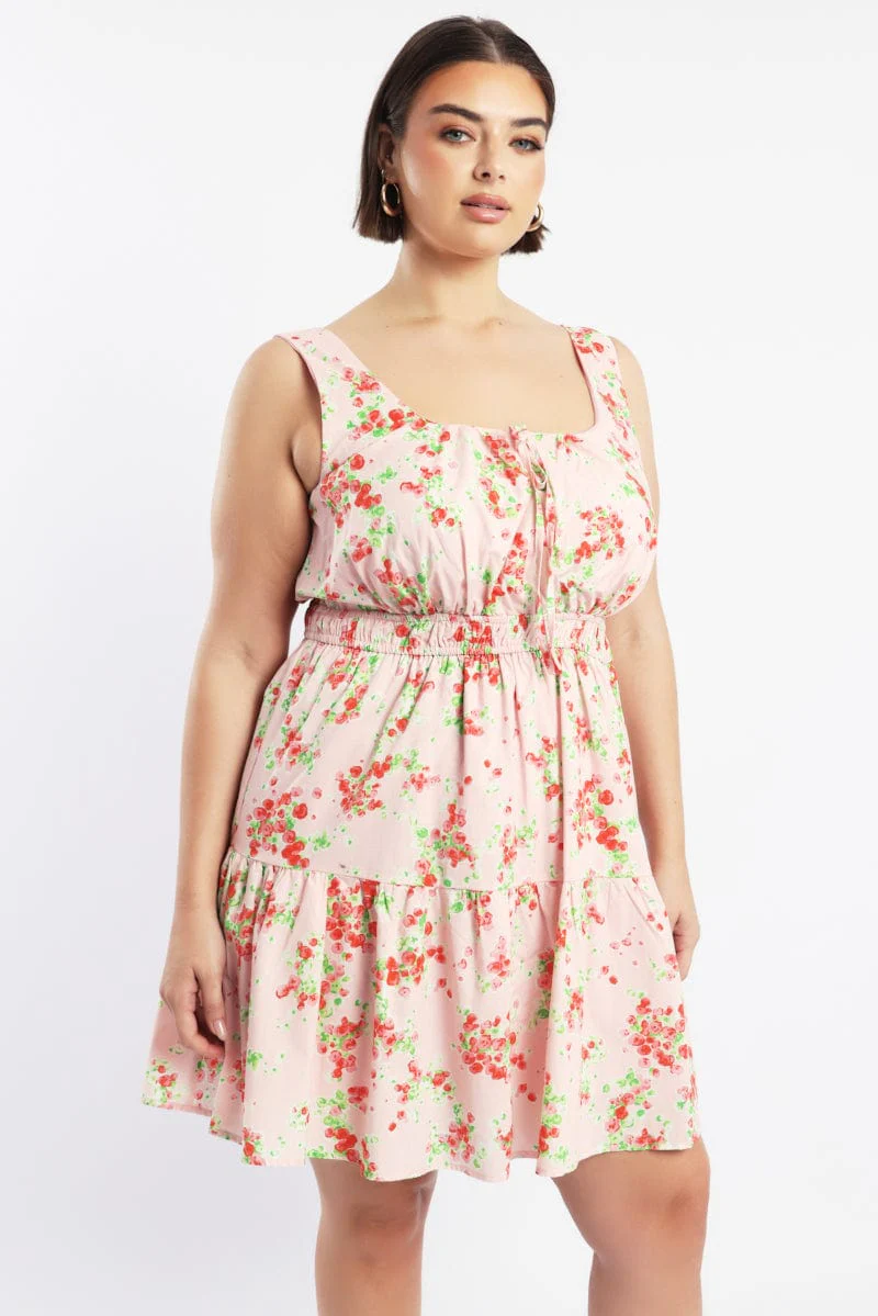 Pink Floral Scoop Neck Tie Front Cotton Poplin Minidress