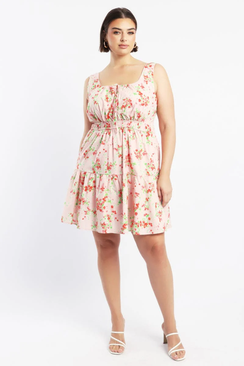 Pink Floral Scoop Neck Tie Front Cotton Poplin Minidress - Image 2