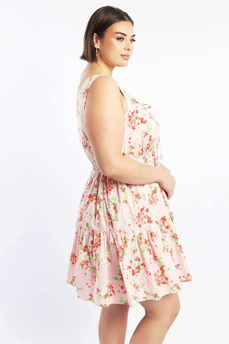 Pink Floral Scoop Neck Tie Front Cotton Poplin Minidress - Image 3