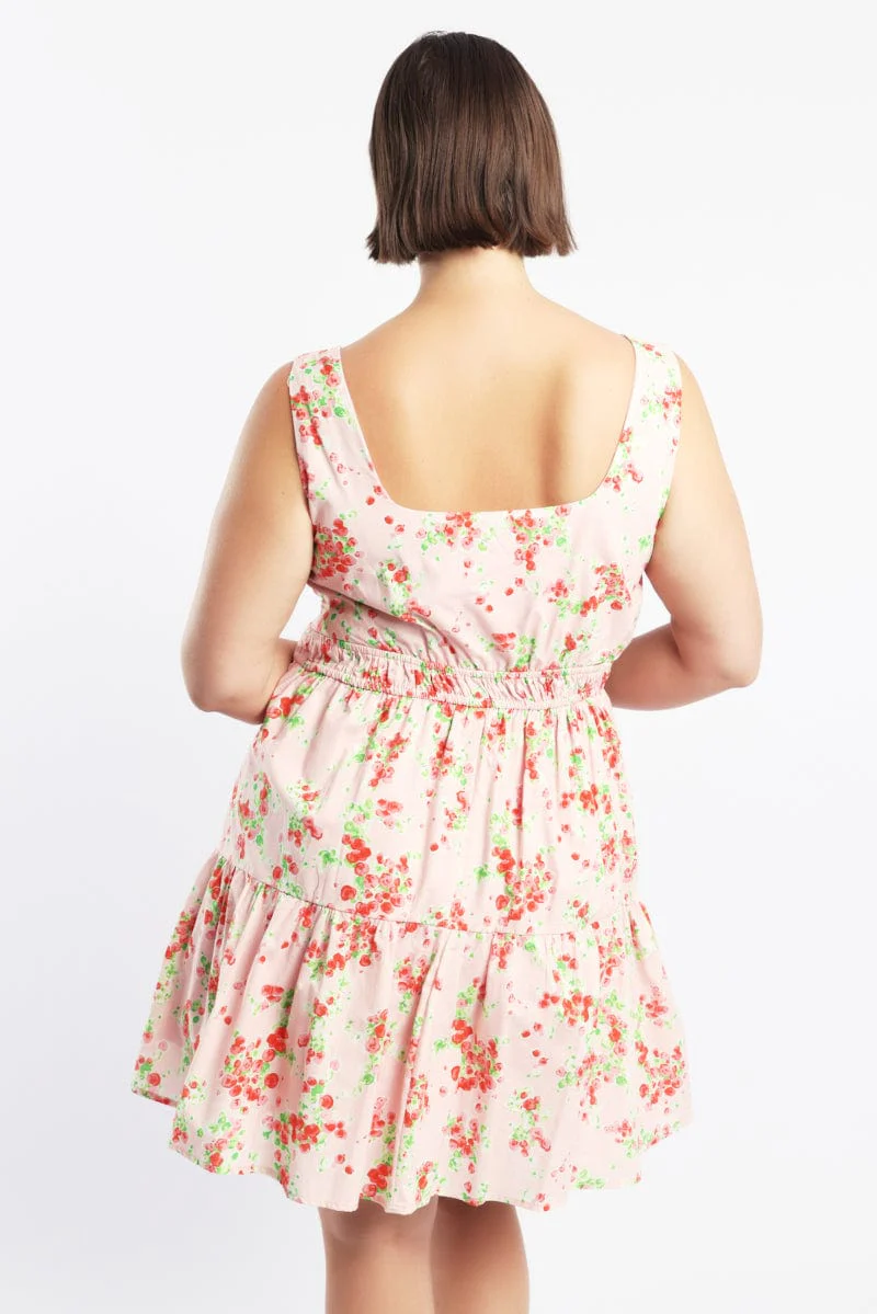 Pink Floral Scoop Neck Tie Front Cotton Poplin Minidress - Image 4
