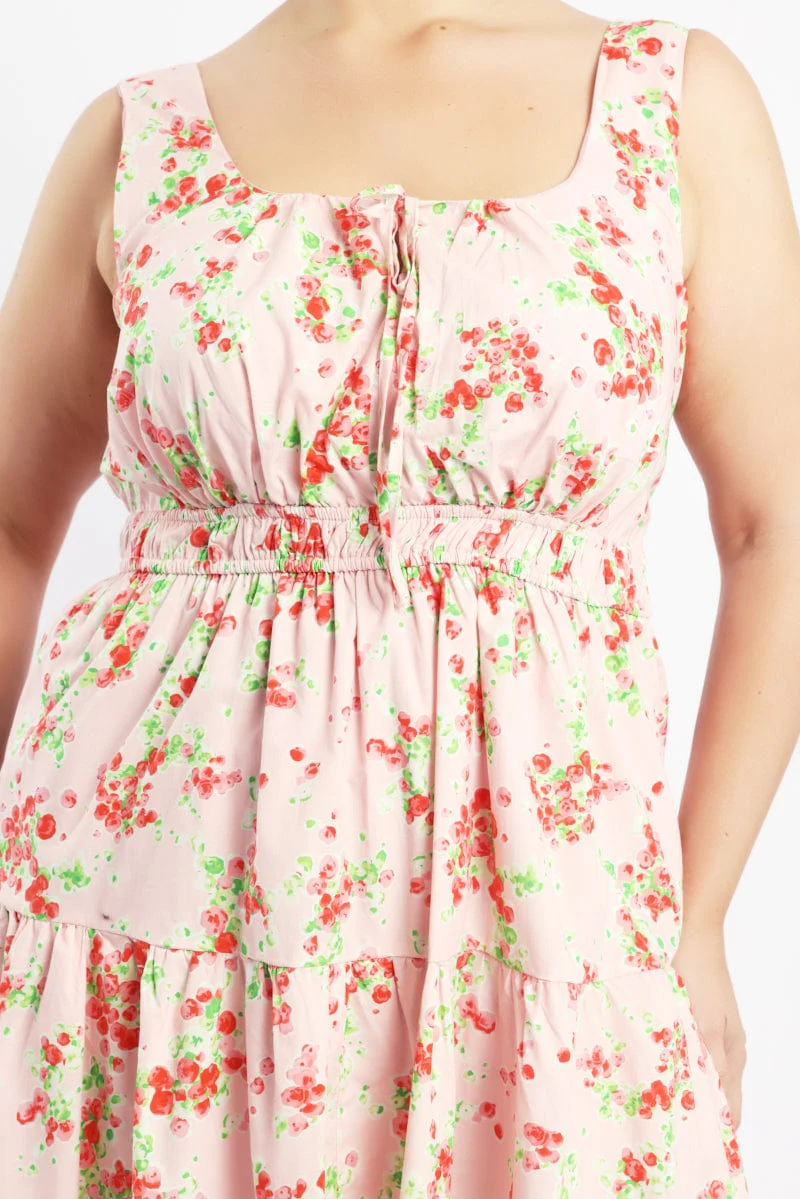 Pink Floral Scoop Neck Tie Front Cotton Poplin Minidress - Image 5
