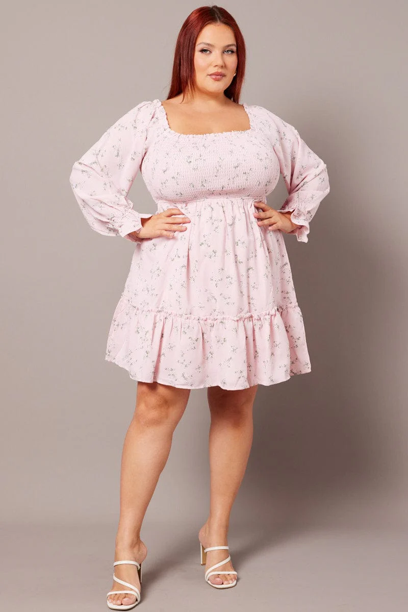Pink Floral Shirred Bodice Mini Dress - Image 2