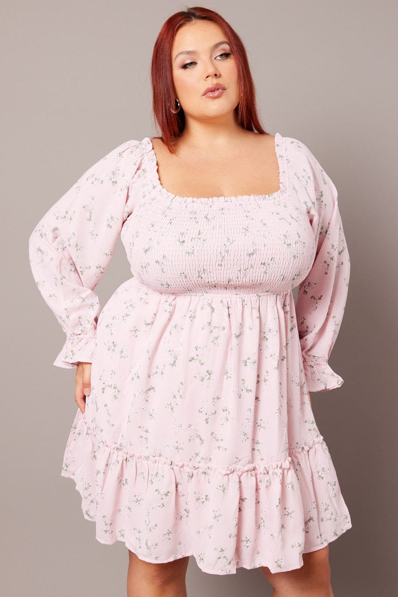 Pink Floral Shirred Bodice Mini Dress - Image 3