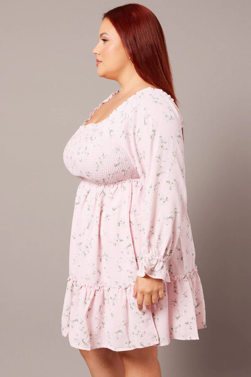 Pink Floral Shirred Bodice Mini Dress - Image 4