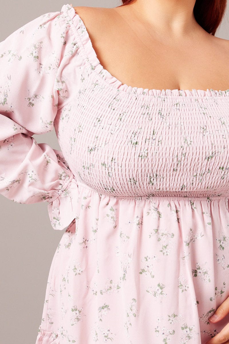 Pink Floral Shirred Bodice Mini Dress - Image 6