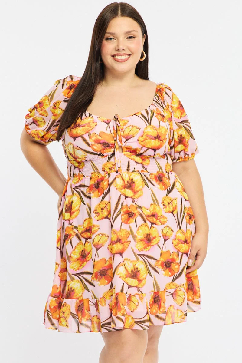 Pink Floral Skater Dress Short Sleeve Cut Out