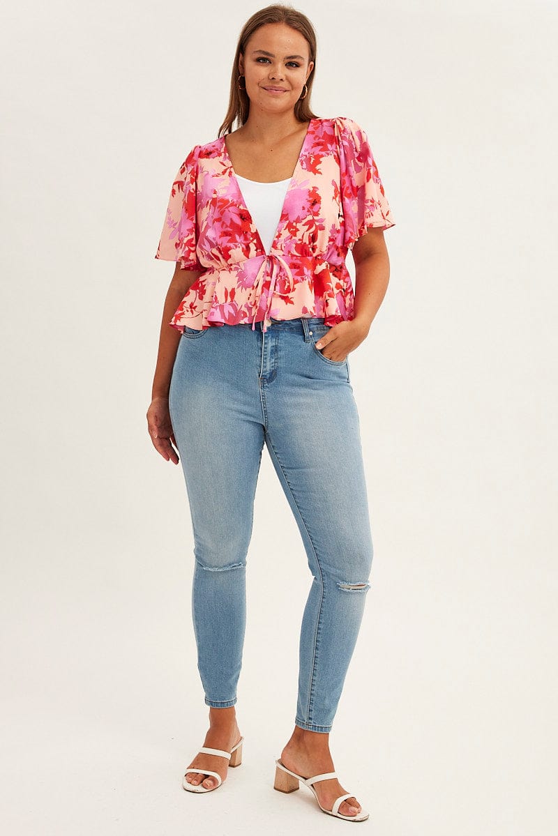 Pink Floral Tie Top Short Sleeve - Image 2