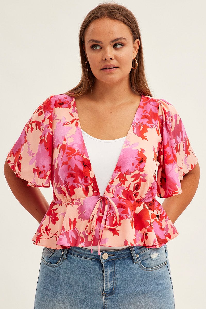 Pink Floral Tie Top Short Sleeve - Image 3