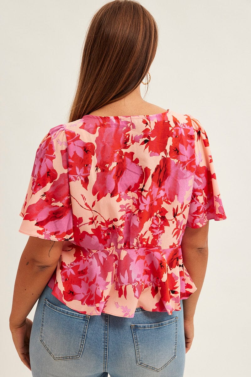 Pink Floral Tie Top Short Sleeve - Image 5