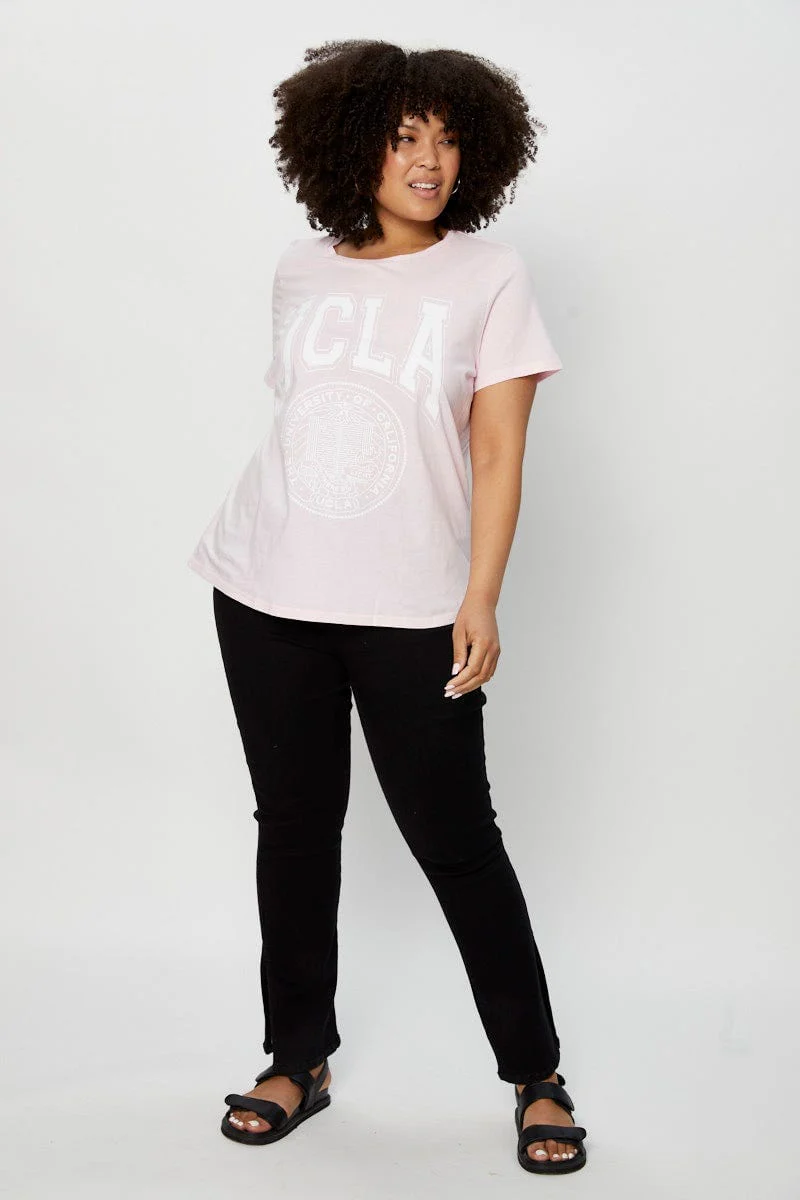 Pink Graphic T-shirt Collegiate Short Sleeve Cotton - Image 2