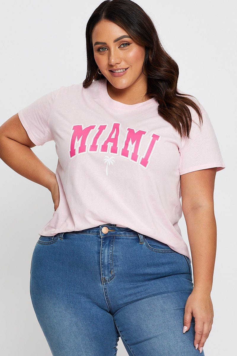 Pink Graphic T-shirt Miami Short Sleeve Cotton - Image 3