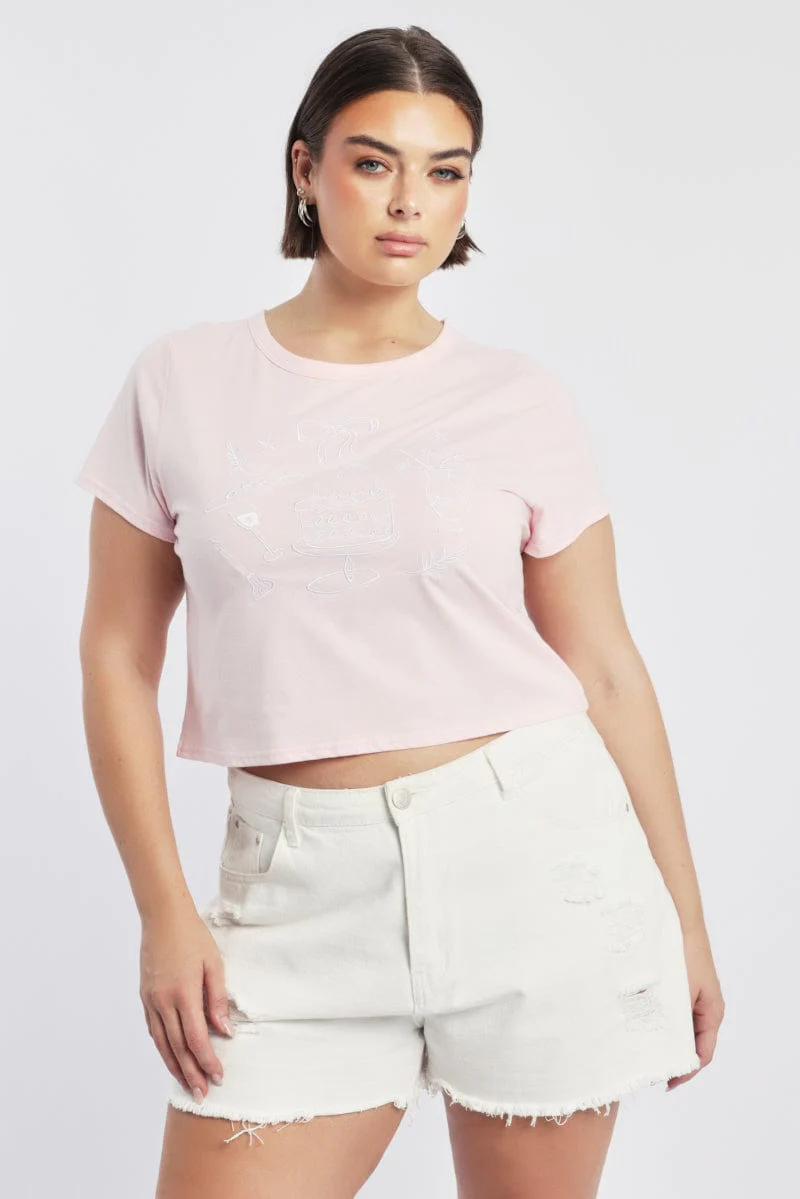 Pink Graphic T Shirt Short Sleeve Crew Neck