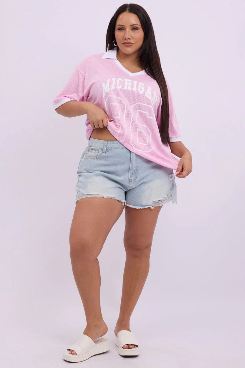 Pink Graphic T Shirt Short Sleeve V Neck Collared - Image 2