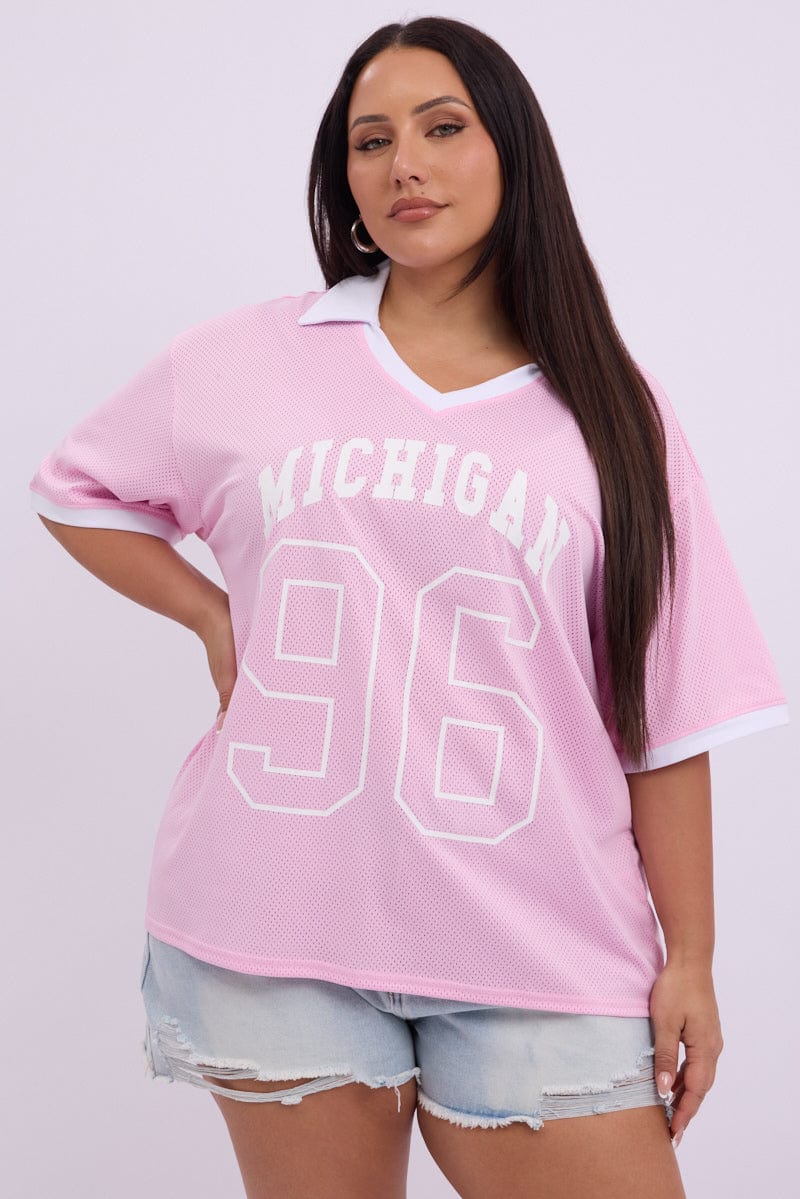 Pink Graphic T Shirt Short Sleeve V Neck Collared - Image 3