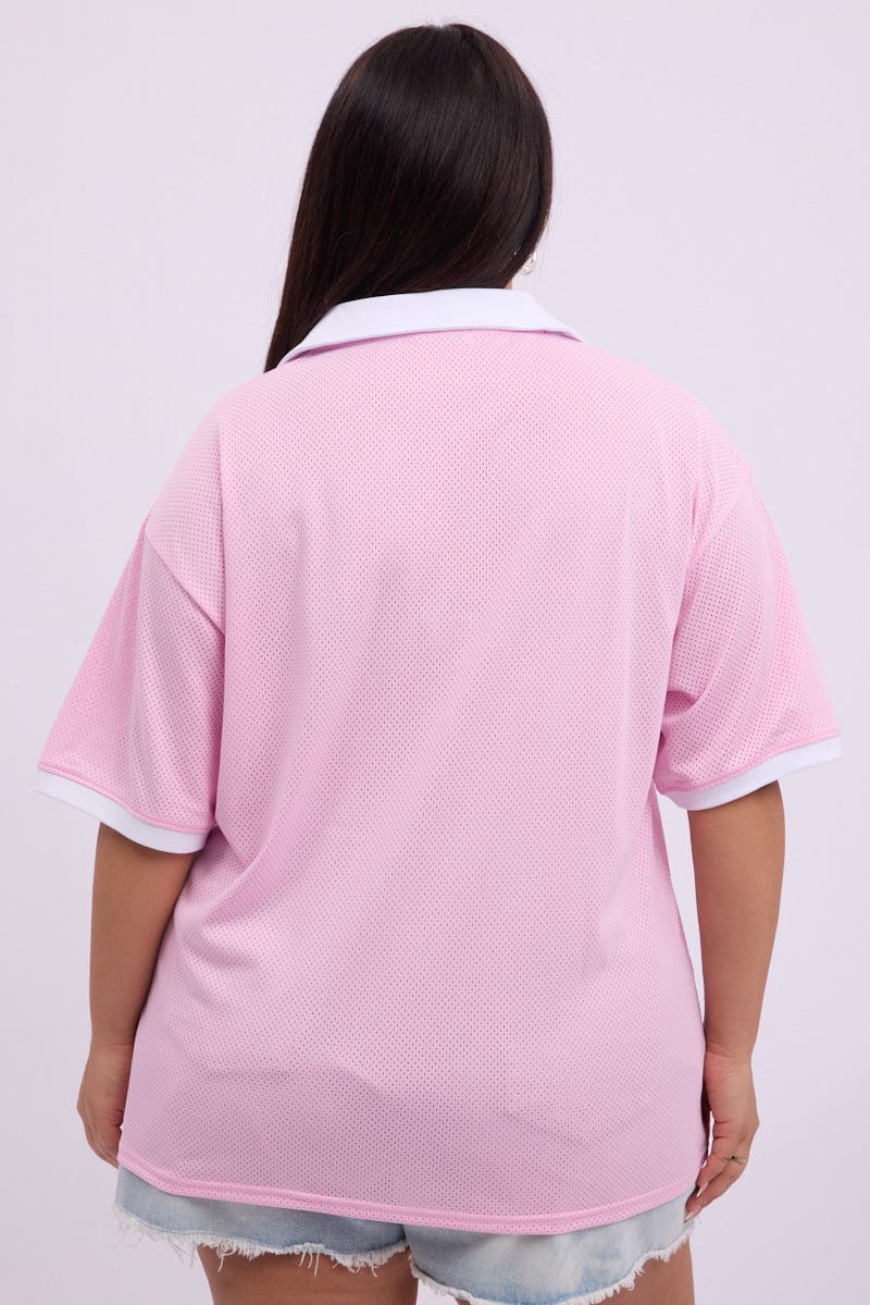 Pink Graphic T Shirt Short Sleeve V Neck Collared - Image 5