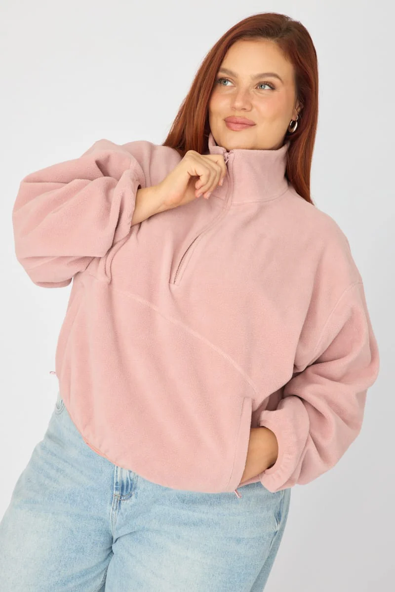 Pink Half Zip Sweat Long Sleeve Fleece - Image 2