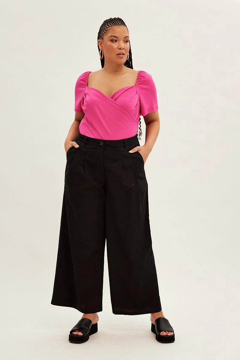Pink Jersey Bodysuit Short Puff Sleeve Crossover Front - Image 3
