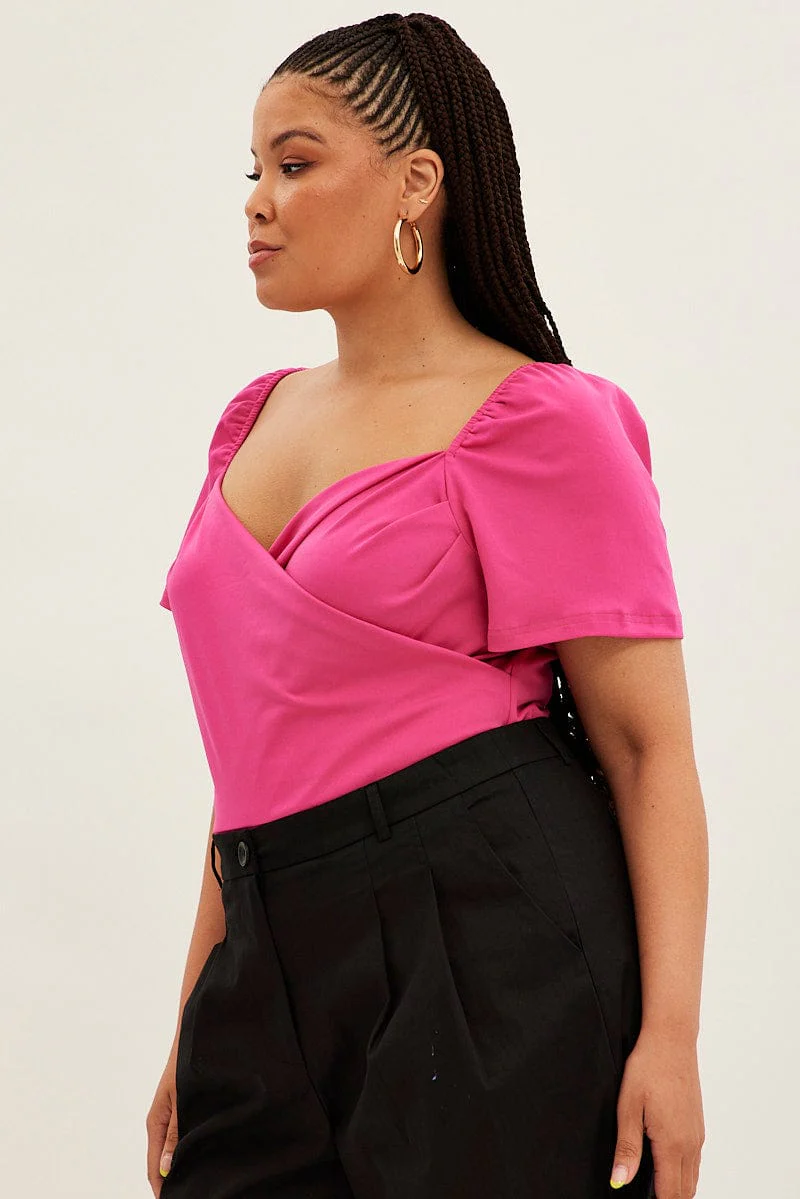 Pink Jersey Bodysuit Short Puff Sleeve Crossover Front - Image 4