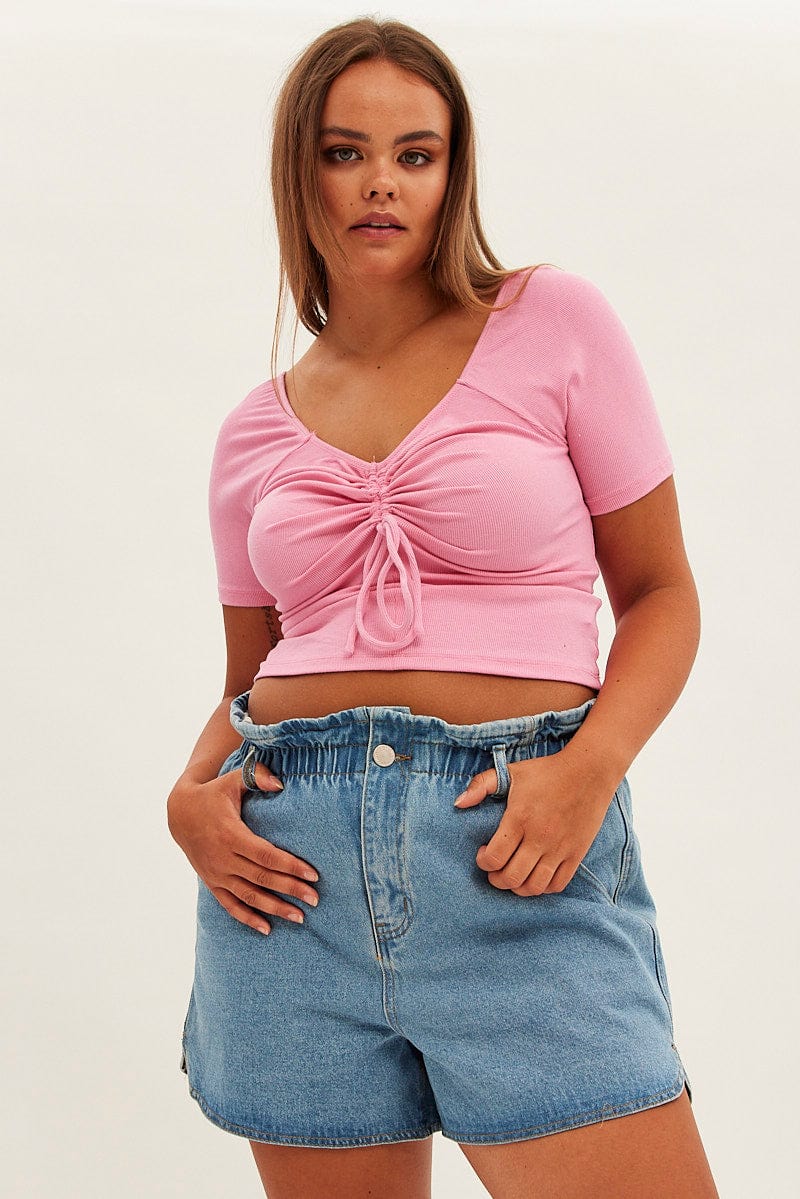 Pink Jersey Top Short Sleeve Drawstring Rib - Image 2