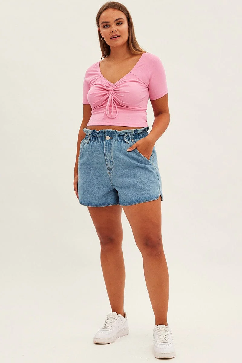 Pink Jersey Top Short Sleeve Drawstring Rib - Image 3