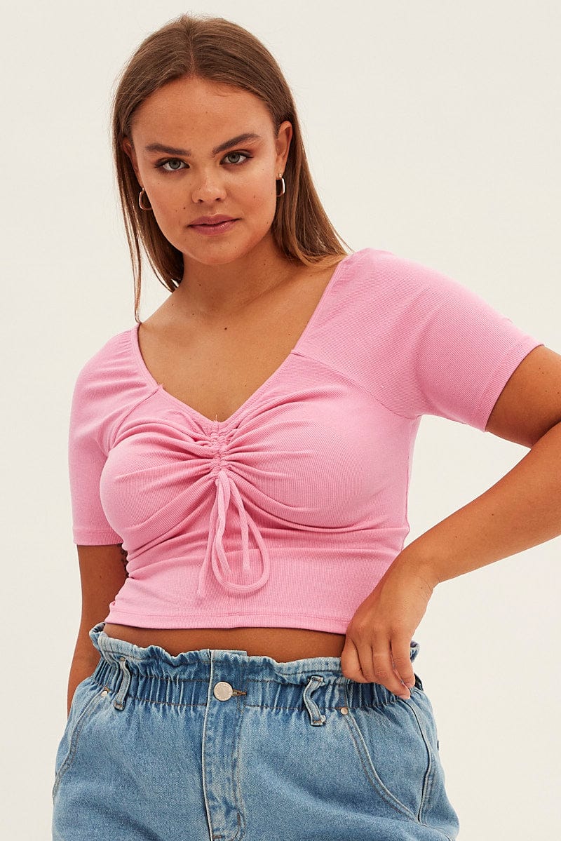 Pink Jersey Top Short Sleeve Drawstring Rib - Image 4