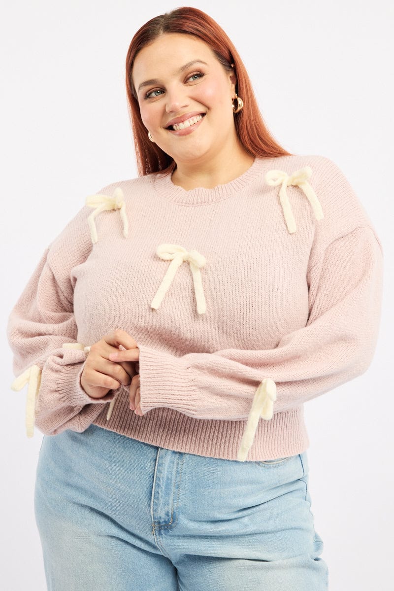 Pink Knit Jumper Long Sleeve Bow Tie