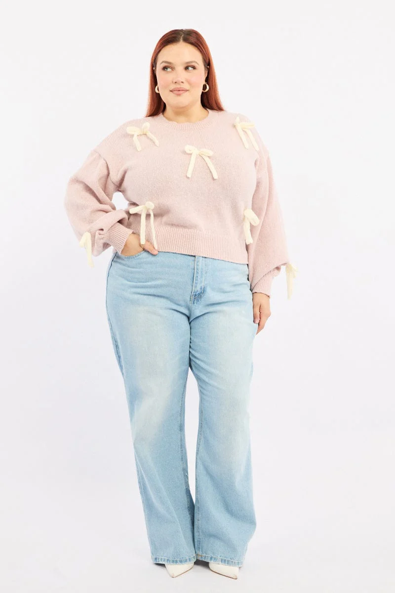 Pink Knit Jumper Long Sleeve Bow Tie - Image 2