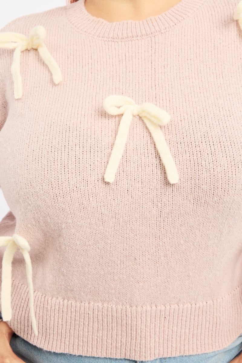 Pink Knit Jumper Long Sleeve Bow Tie - Image 5