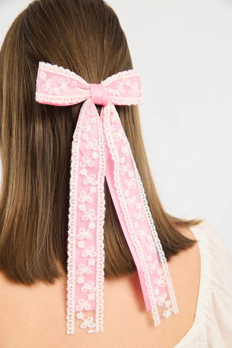 Pink Lace Bow Hair Clip - Image 3