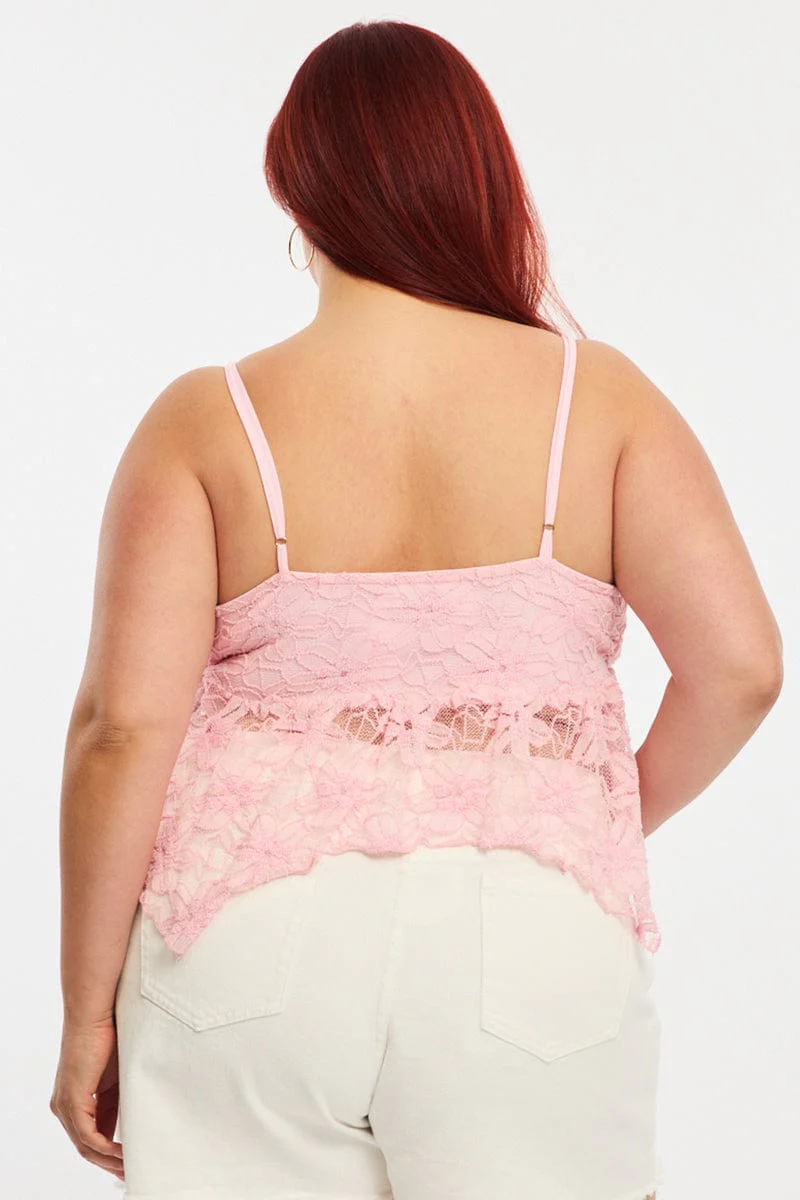 Pink Lace Cami Top Sleeveless Asymmetric Hem - Image 5