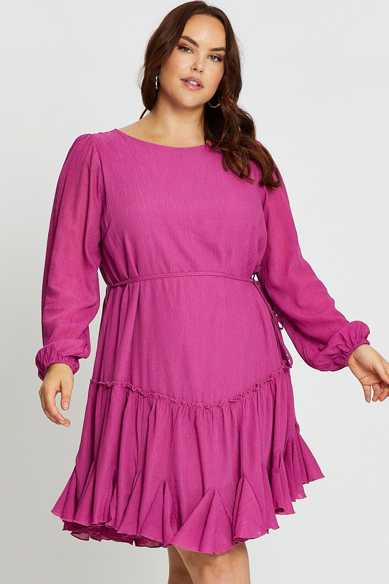 Pink Long Sleeve Pink Flip Hem Shift Dress - Image 3