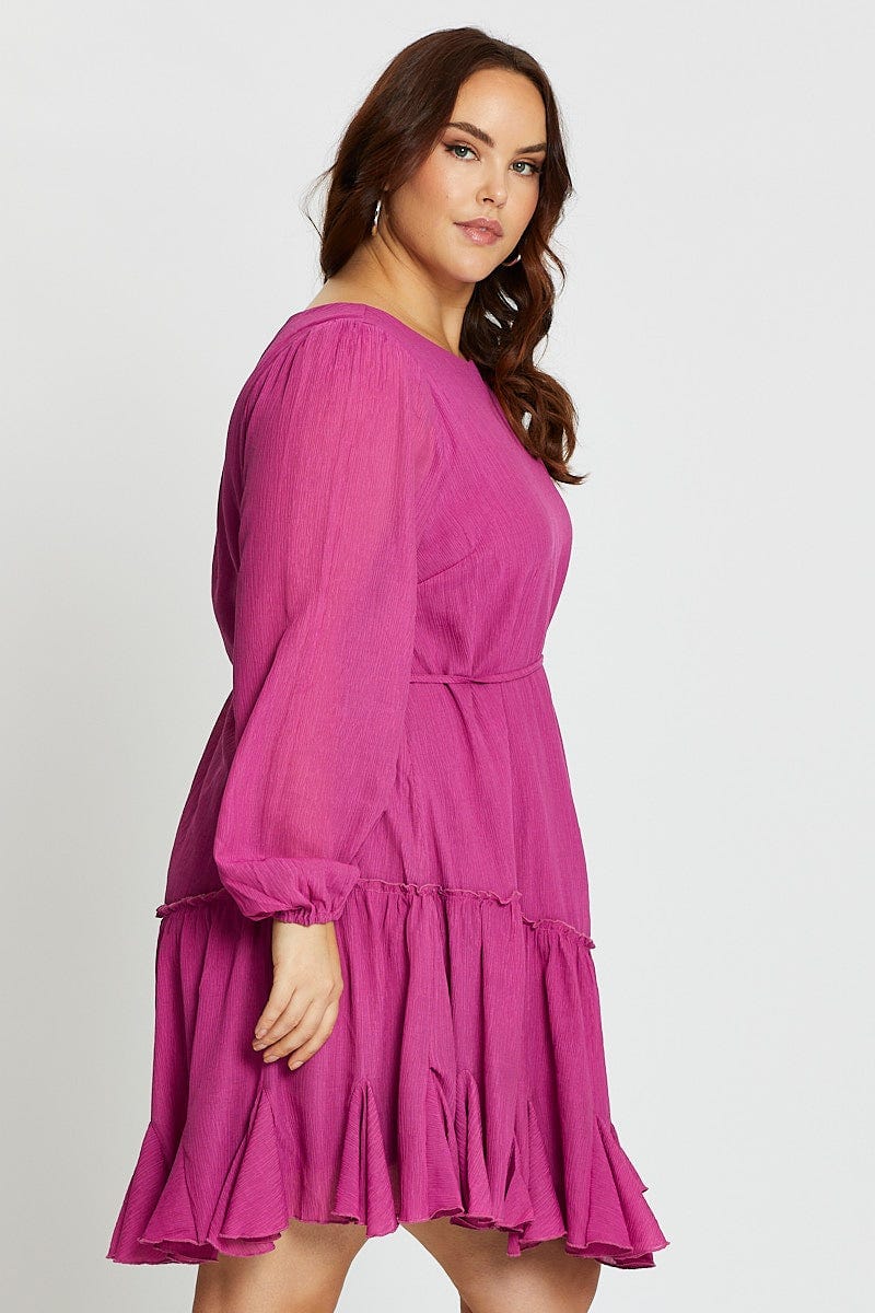 Pink Long Sleeve Pink Flip Hem Shift Dress - Image 4