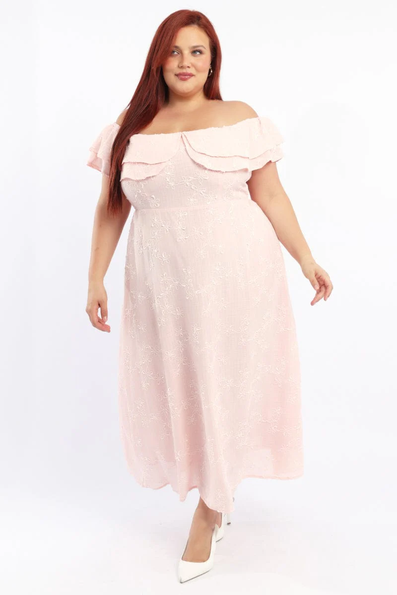 Pink Maxi Dress Off Shoulder Ruffle