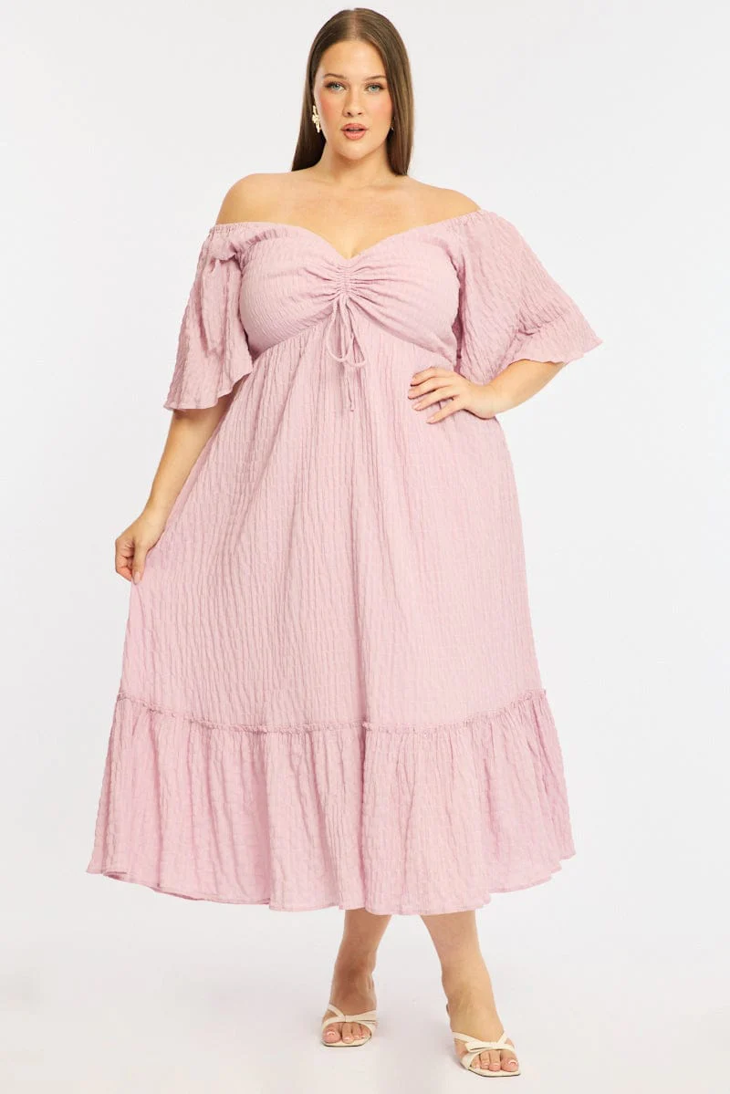 Pink Maxi Dress Short Sleeve Ruched Bust Textured