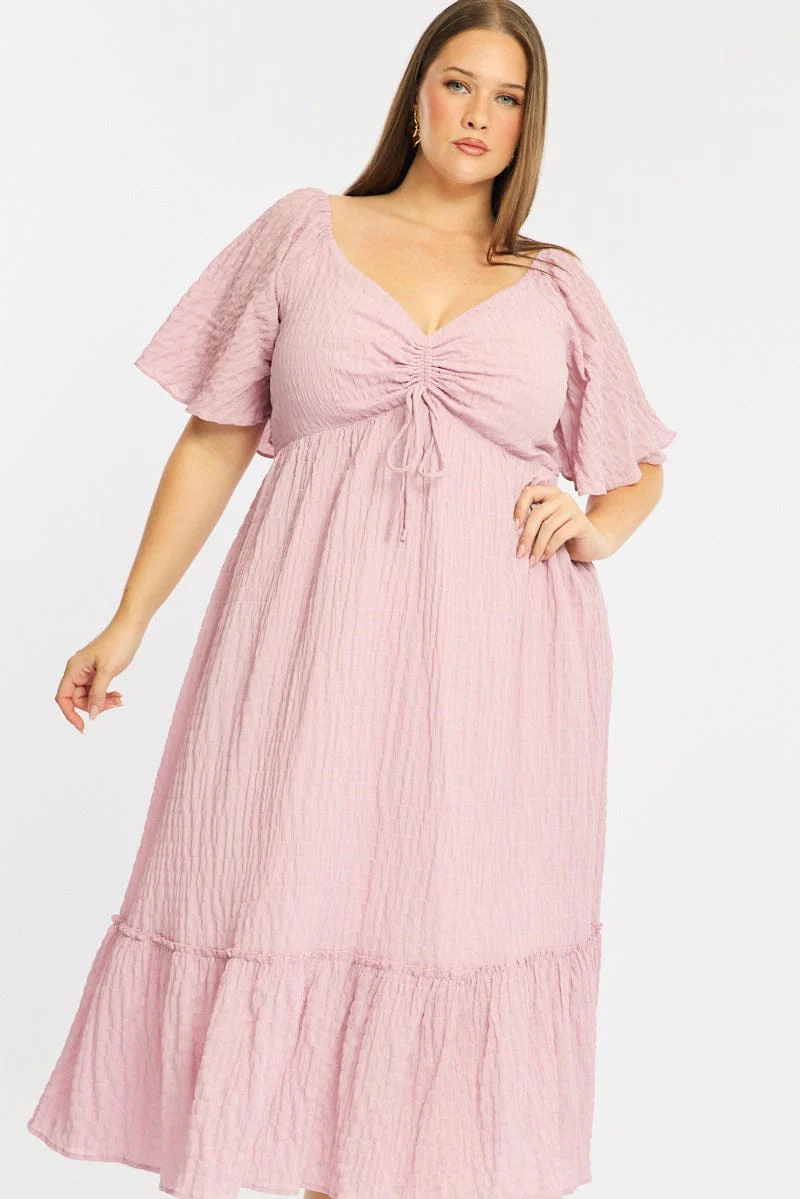 Pink Maxi Dress Short Sleeve Ruched Bust Textured - Image 2