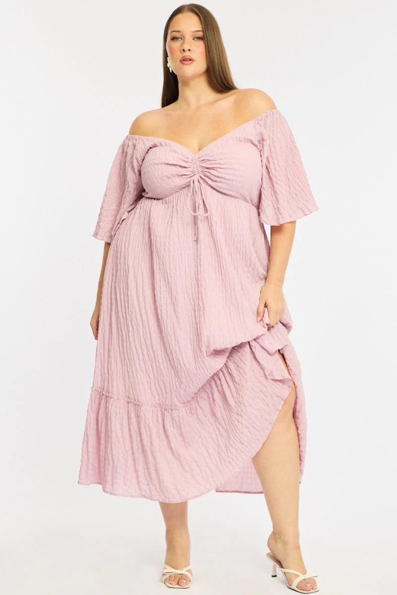 Pink Maxi Dress Short Sleeve Ruched Bust Textured - Image 3