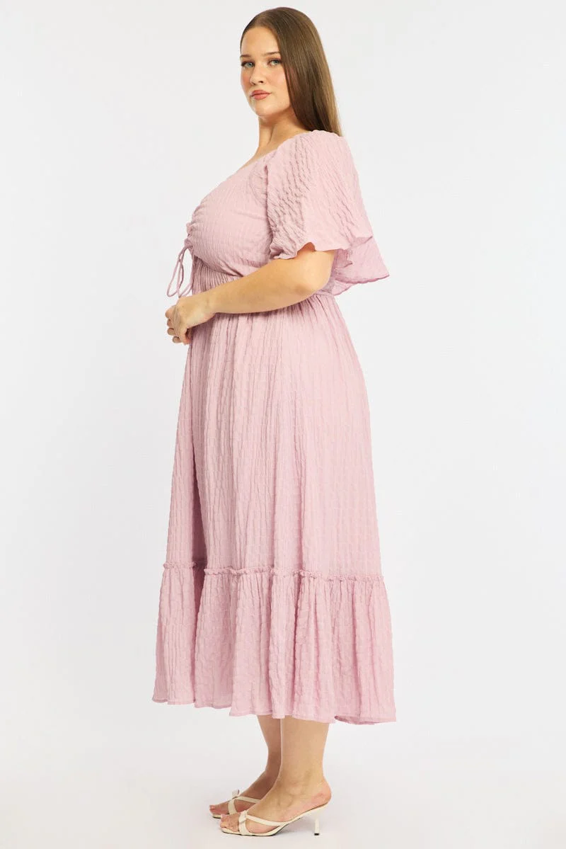 Pink Maxi Dress Short Sleeve Ruched Bust Textured - Image 4