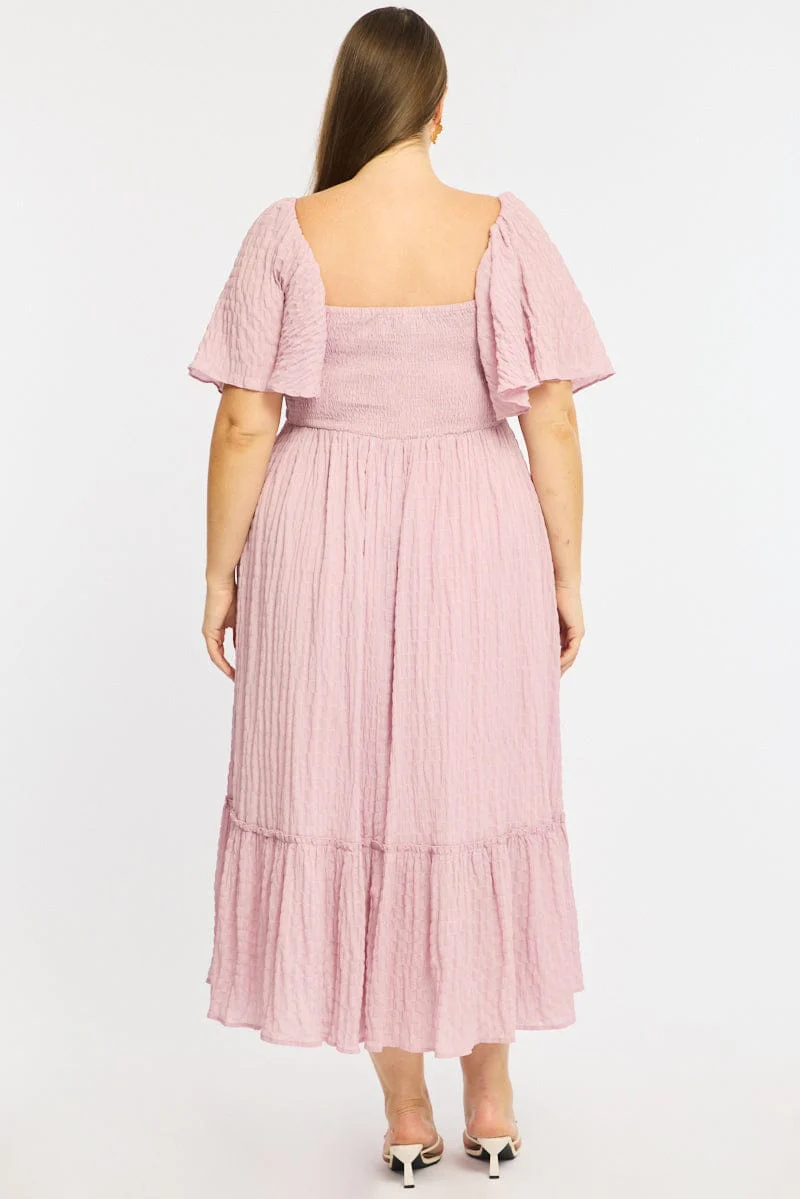 Pink Maxi Dress Short Sleeve Ruched Bust Textured - Image 5