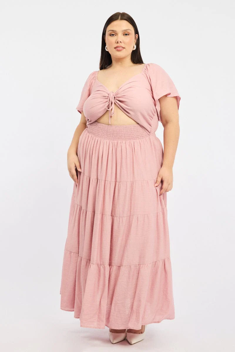 Pink Maxi Dress Short Sleeve Ruched Cut Out