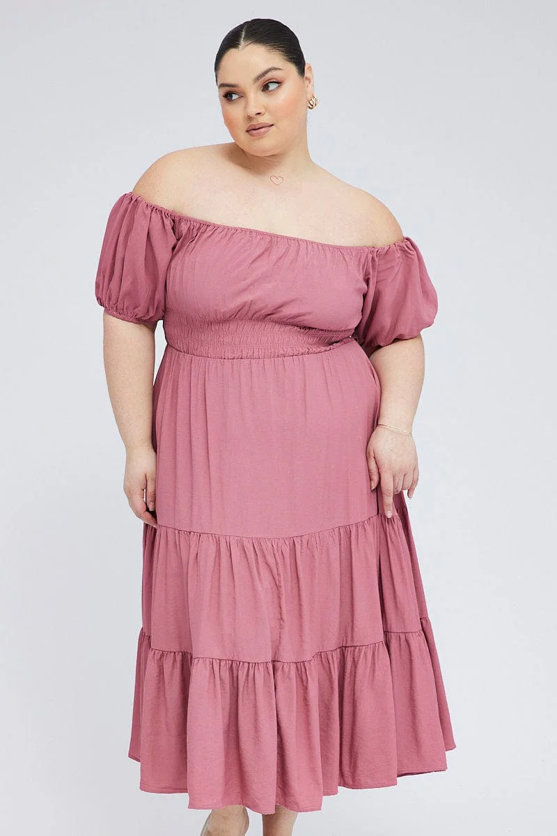 Pink Midi Dress Off Shoulder Elastic Waist Puff Sleeve - Image 2