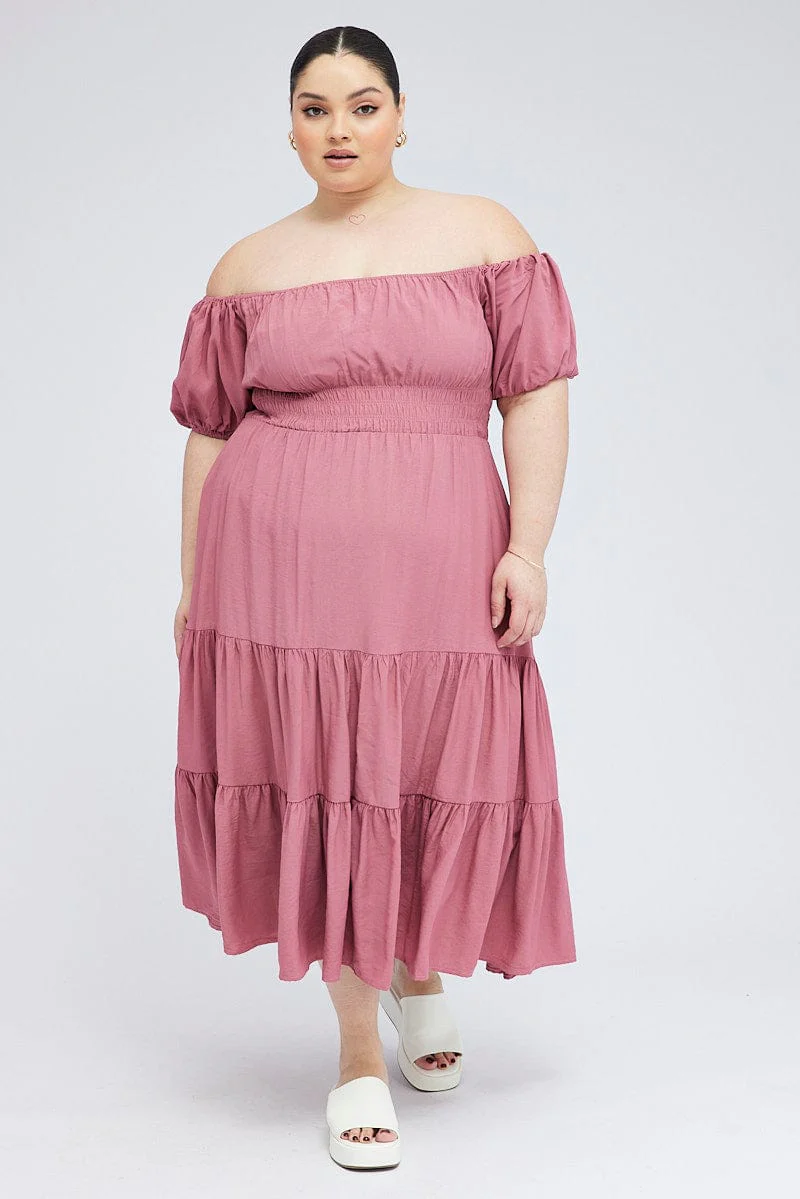 Pink Midi Dress Off Shoulder Elastic Waist Puff Sleeve - Image 3