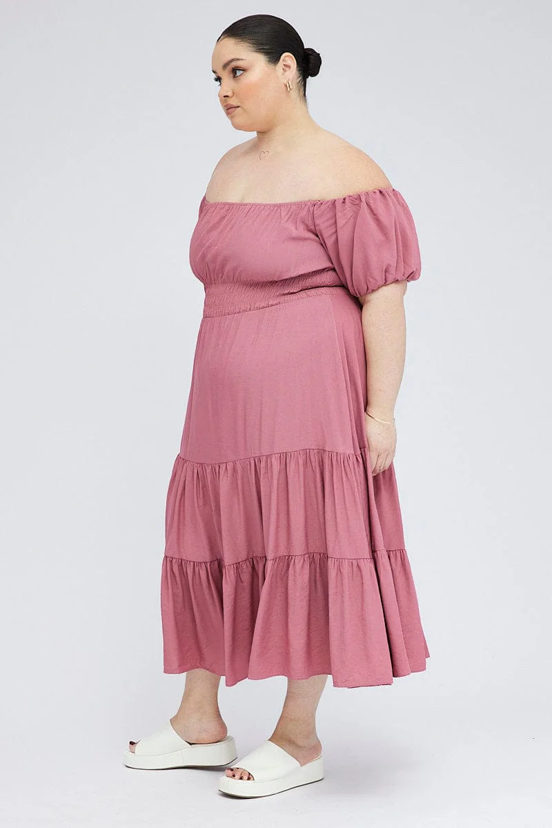 Pink Midi Dress Off Shoulder Elastic Waist Puff Sleeve - Image 4