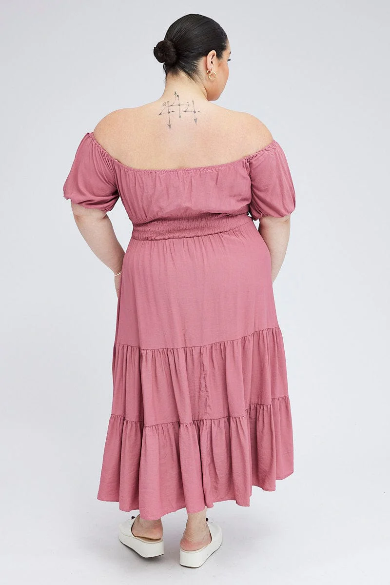 Pink Midi Dress Off Shoulder Elastic Waist Puff Sleeve - Image 5
