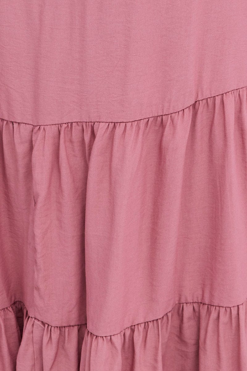 Pink Midi Dress Off Shoulder Elastic Waist Puff Sleeve - Image 6