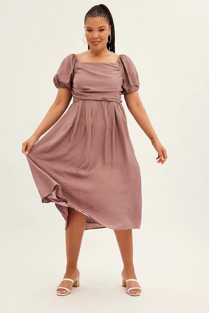 Pink Midi Dress Puff Sleeve Square Neck Lined Textured - Image 3