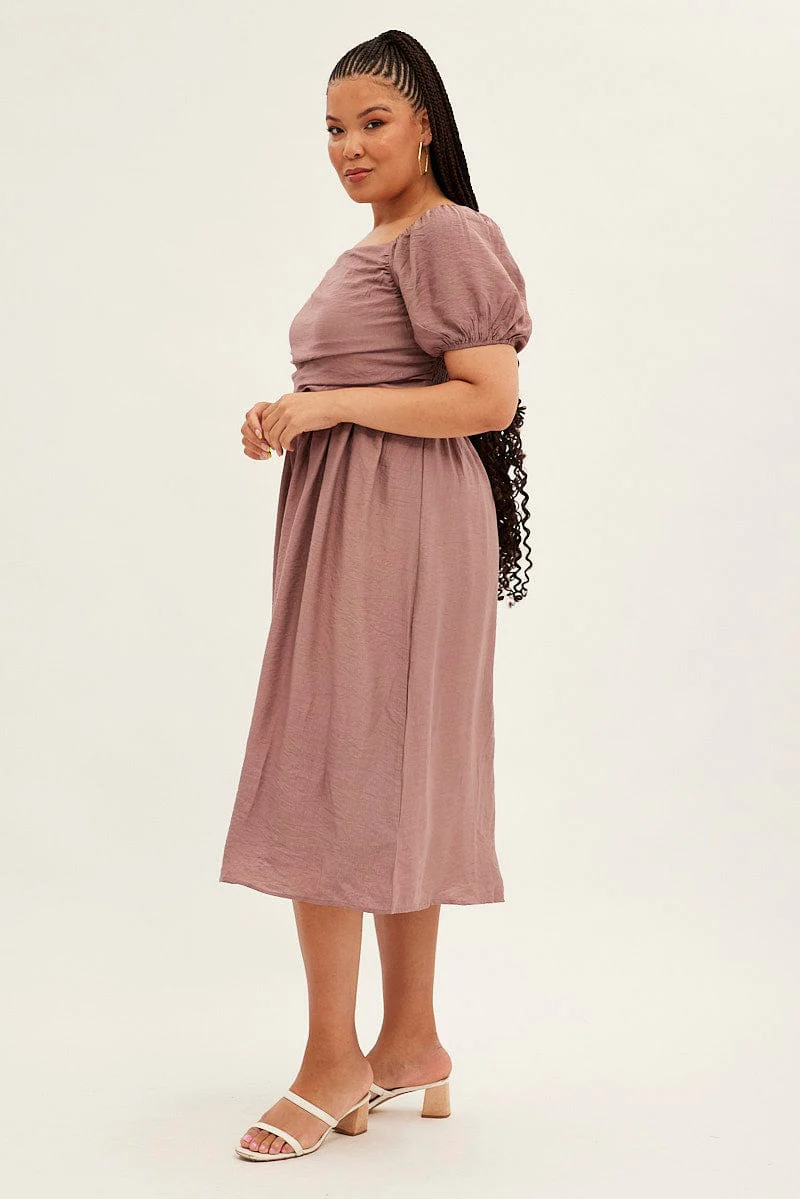 Pink Midi Dress Puff Sleeve Square Neck Lined Textured - Image 4