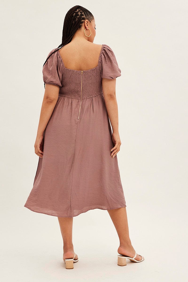 Pink Midi Dress Puff Sleeve Square Neck Lined Textured - Image 5