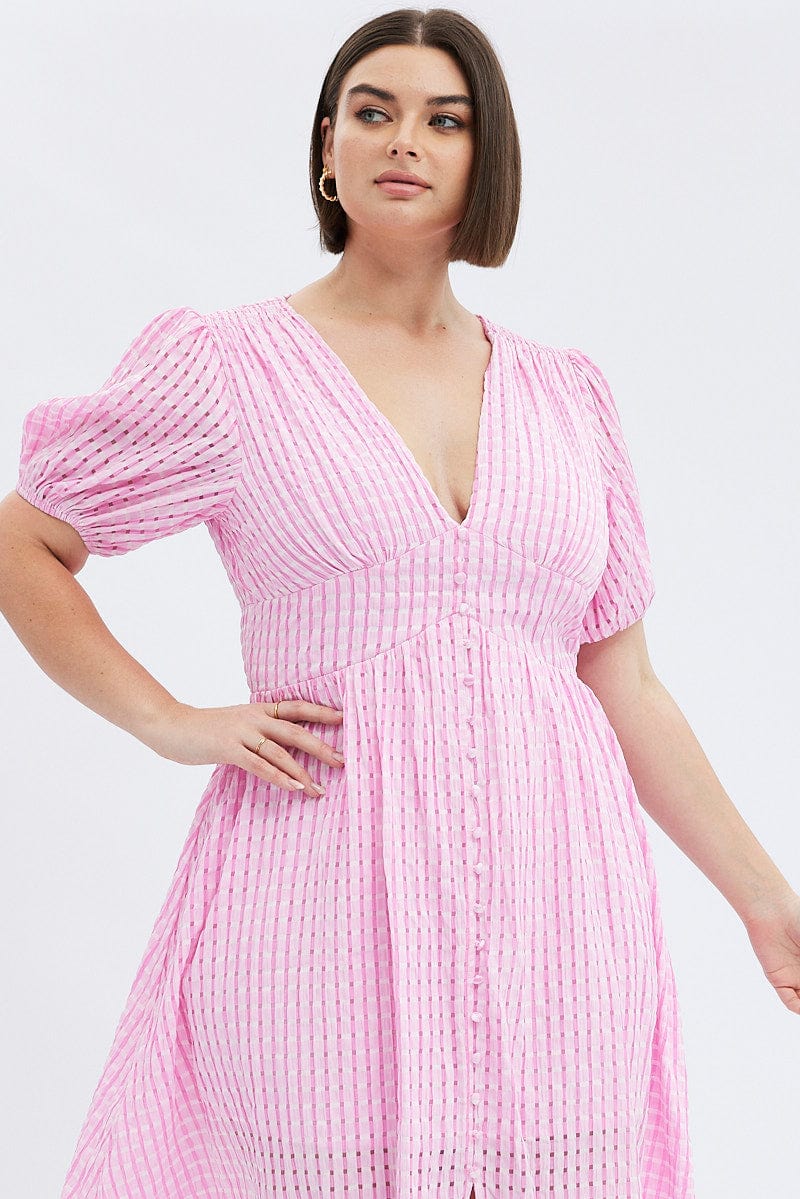 Pink Midi Dress Short Puff Sleeve Check - Image 2