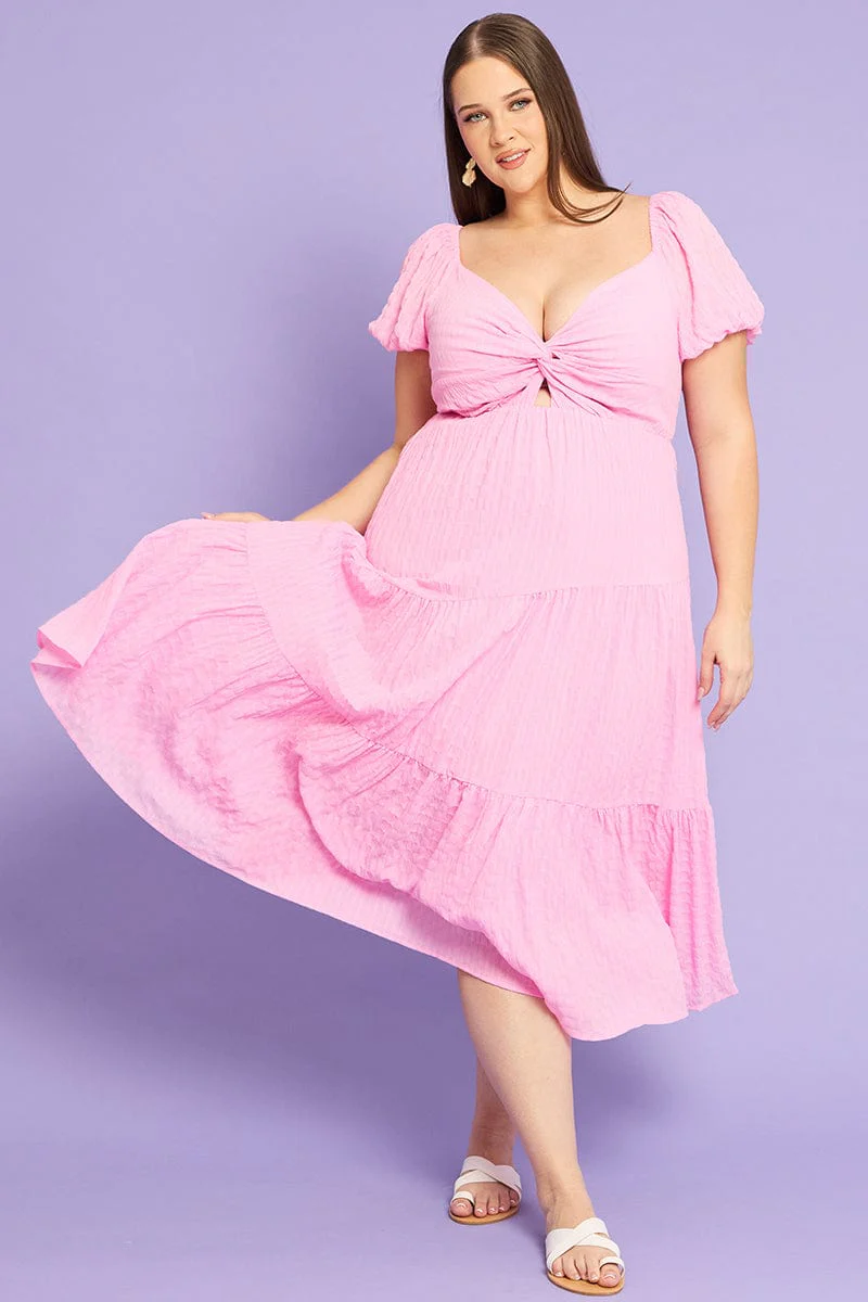 Pink Midi Dress Short Sleeve Cut Out