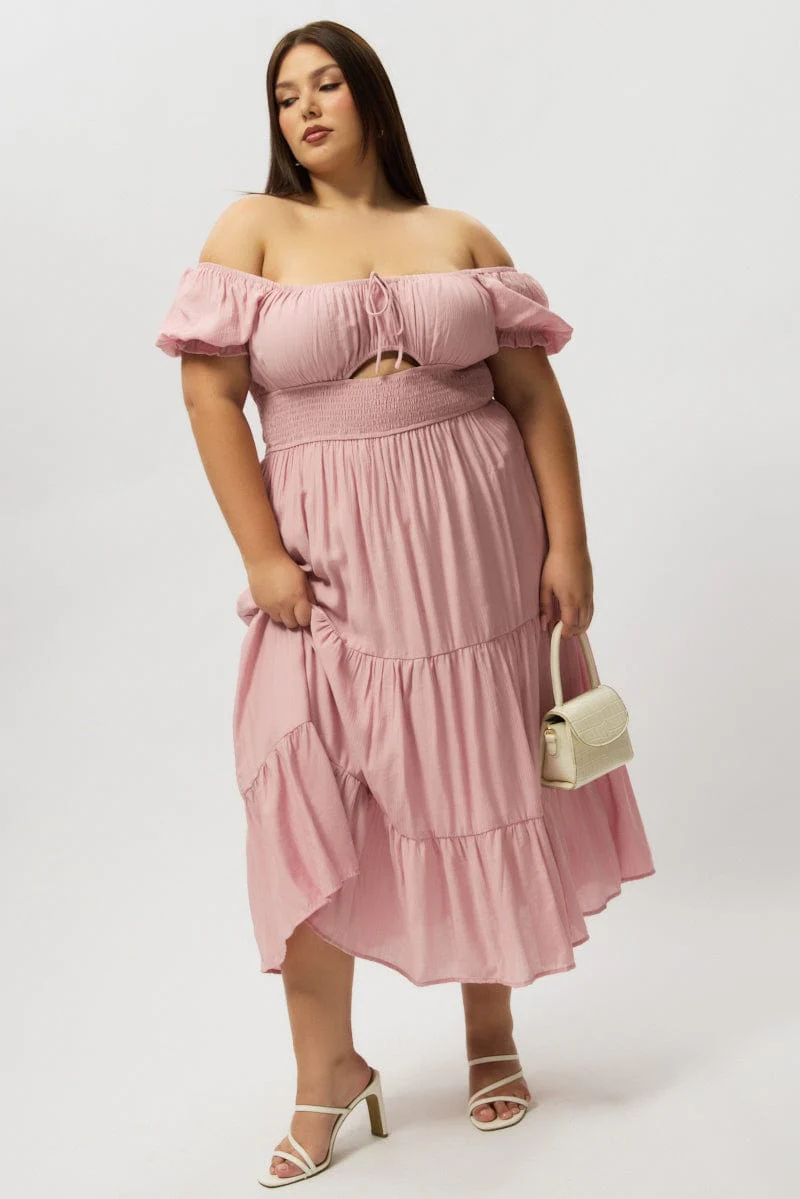 Pink Midi Dress Short Sleeve Hole Front